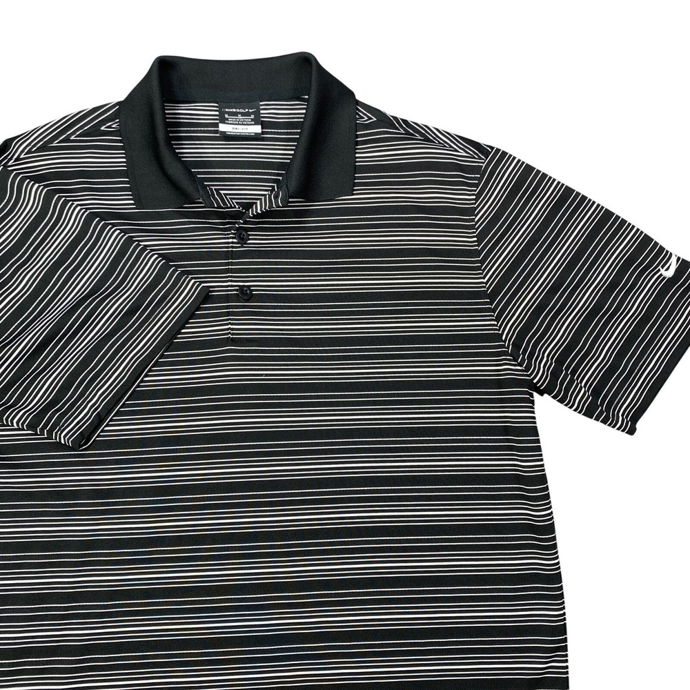 Nike Dri Fit Golf Polo Shirt Mens Medium Black Striped Performance Athletic Wick